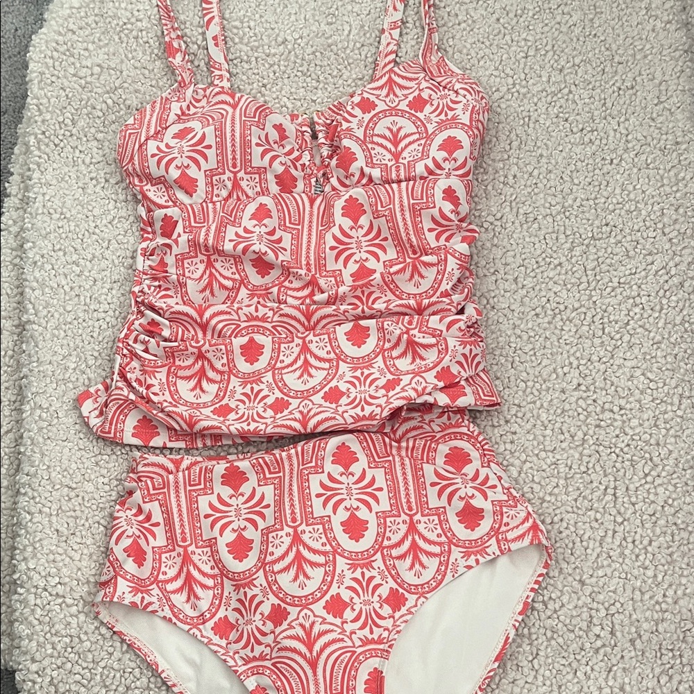 Carribean Joe Coral and White Printed Two-Piece Tankini Swimsuit Sz S